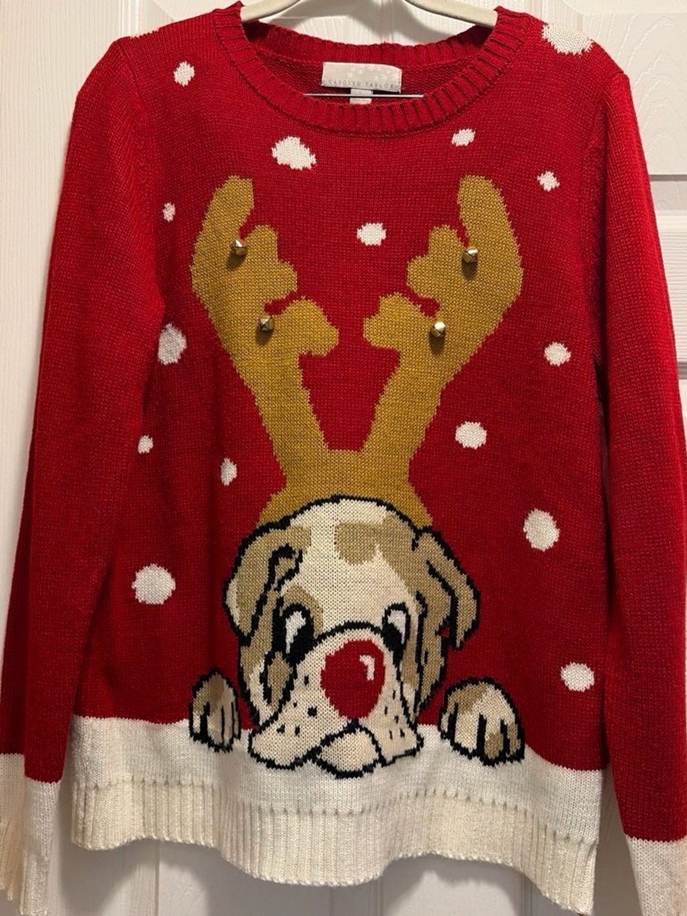 Carolyn Taylor Red Reindeer Dog Knit Sweater with Gold Antlers